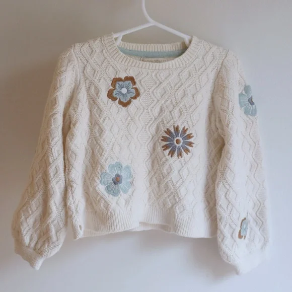 Cynthia Rowley Girls 3T Cream Cable Knit Floral Embroidered Sweater - Picture 1 of 5